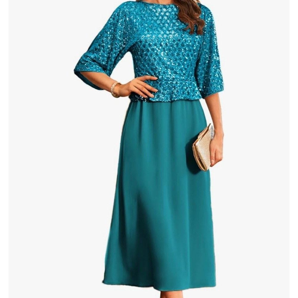 Grace Karin Sequin Chiffon Dress Teal Blue Midi Slit Sleeve Peplum Cocktail Gown